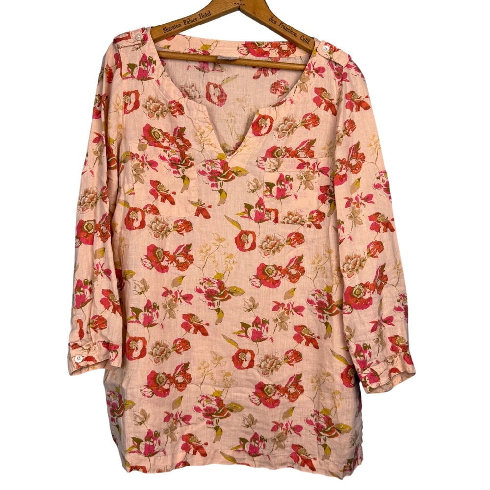 Lands End Pink Floral 100% Linen Tunic Top Womens 12 Long Sleeve V-Neck Blouse‎